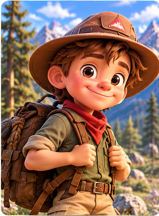 Sylo in his explorer outfit, safari hat and backpack