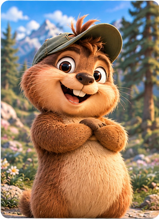 Zumi the marmot wearing his green cap